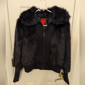 Red Saks Fifth Avenue Faux Fur Hooded Jacket Navy Blue Glam Winter Coat Size 10
